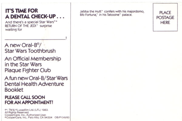 Vintage 1983 STAR WARS ORAL-B Dentist Appt & Membership Card New Old Stock 